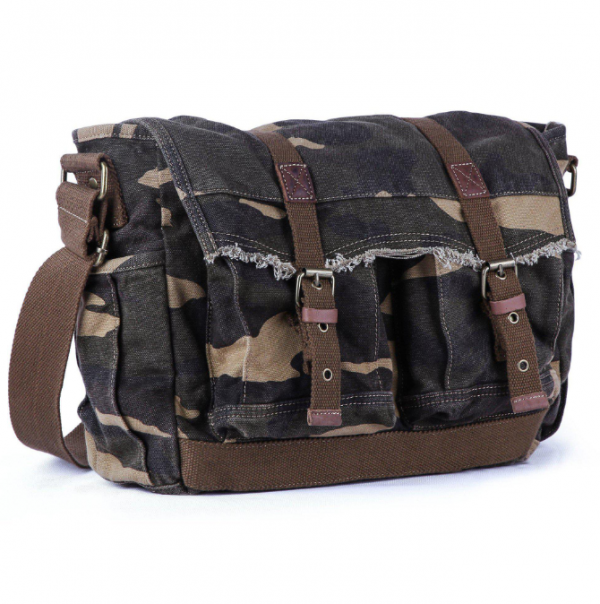 Tas messenger dengan tampilan vintage dan aksen tali jinjing